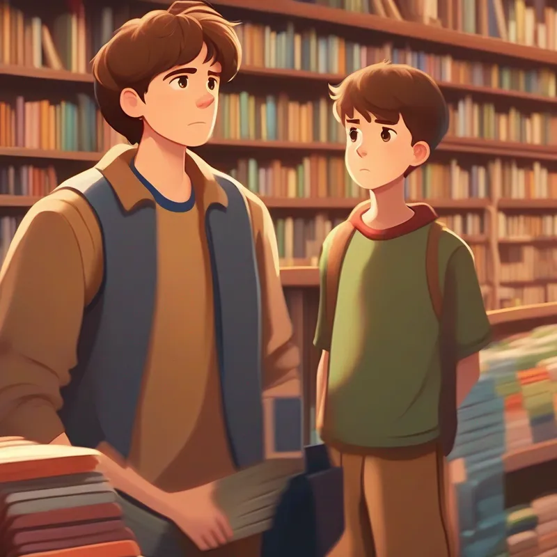 Brown-haired boy with a frown, wearing casual clothes. rejoins his mum, but keeps the memory of the bookstore.