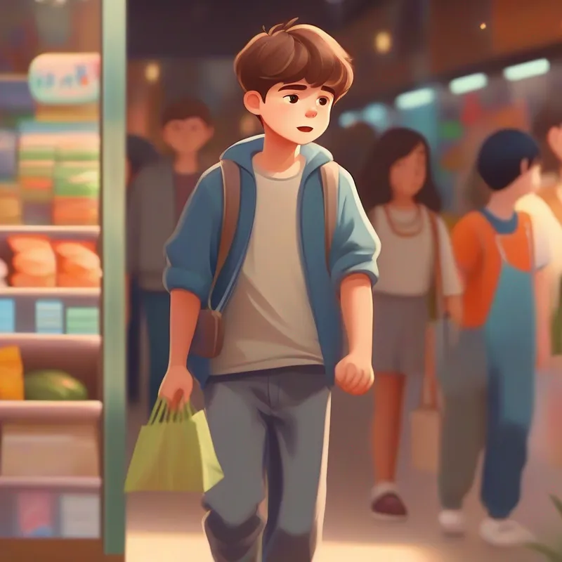 Brown-haired boy with a frown, wearing casual clothes. feels relieved as the shopping trip ends.