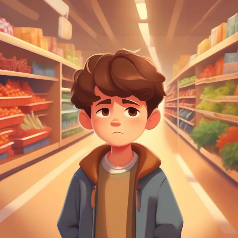 Brown-haired boy with a frown, wearing casual clothes.'s attitude towards shopping changes.