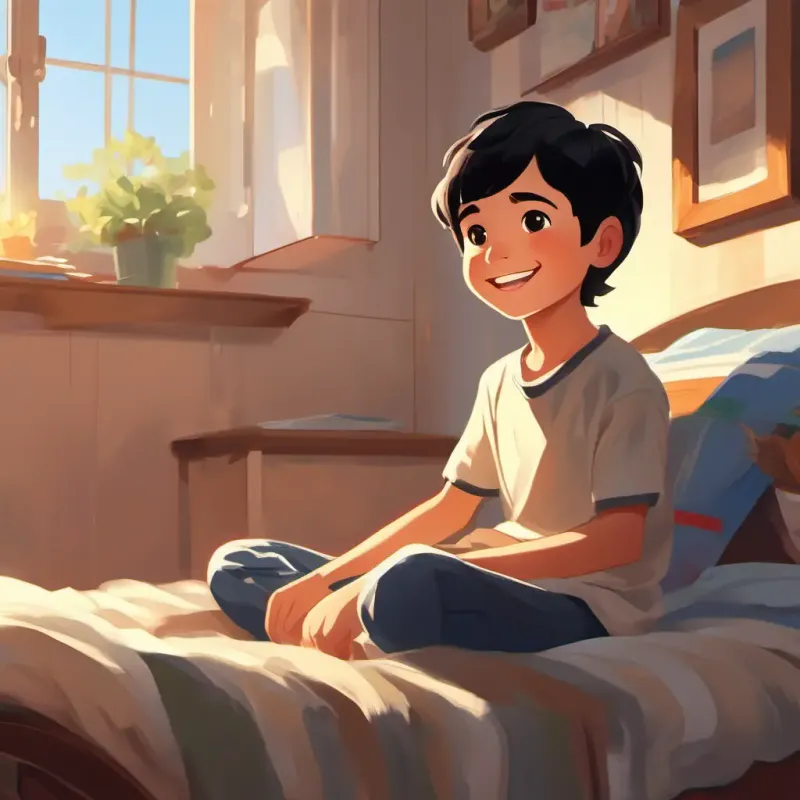 Young boy, short black hair, brown eyes, bright smile in his bedroom, morning light, excited mood.