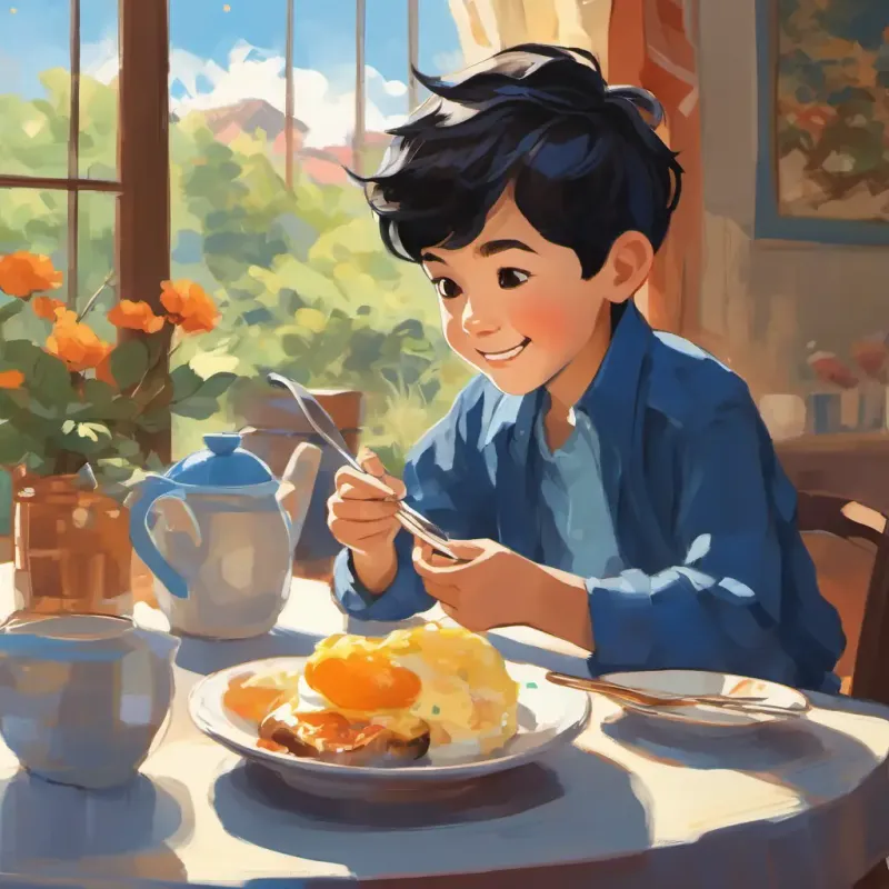 Young boy, short black hair, brown eyes, bright smile at breakfast table, eating, wearing blue.