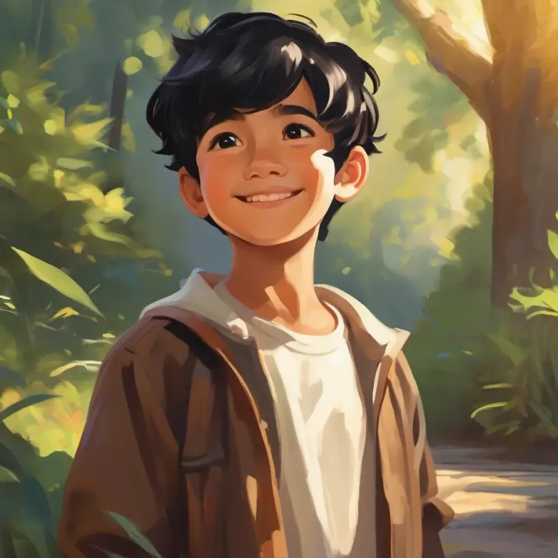 Young boy, short black hair, brown eyes, bright smile feeling proud, reflecting on his day.