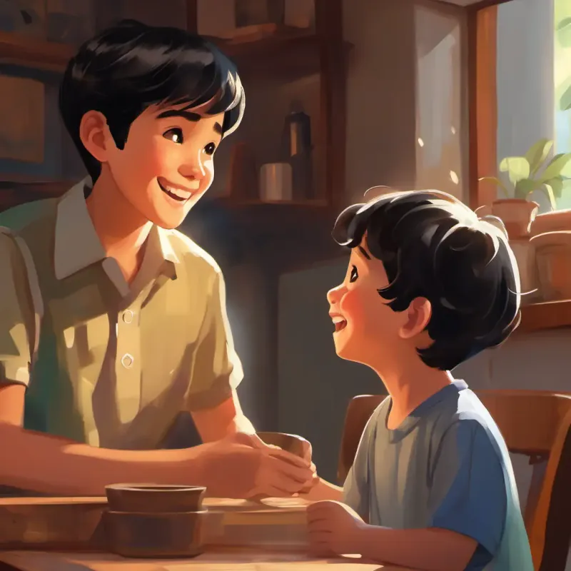 Young boy, short black hair, brown eyes, bright smile excited, telling his mom about the day.