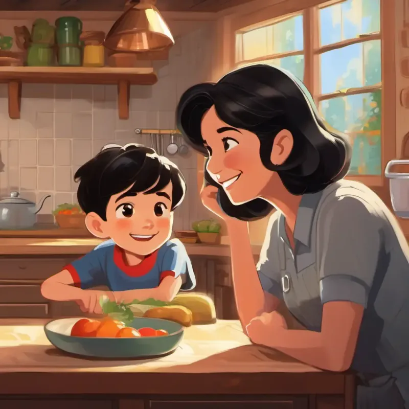 Young boy, short black hair, brown eyes, bright smile's mom giving advice, kitchen setting.