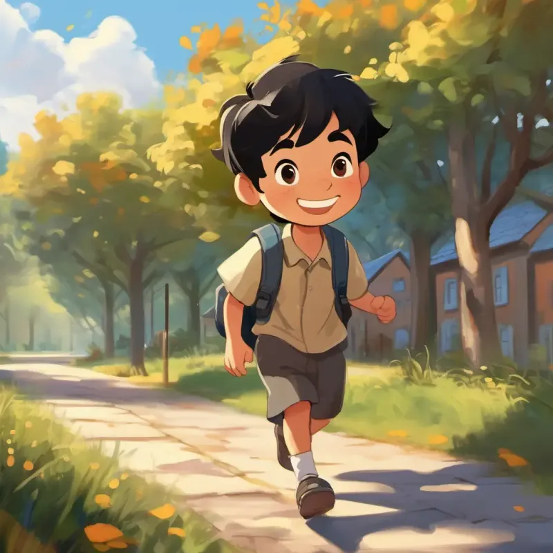Young boy, short black hair, brown eyes, bright smile is walking to school, a bit nervous.