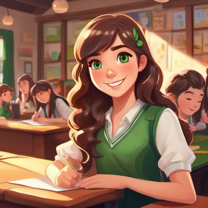 Introduction to New girl, long brown hair, green eyes, warm smile, classroom setting.