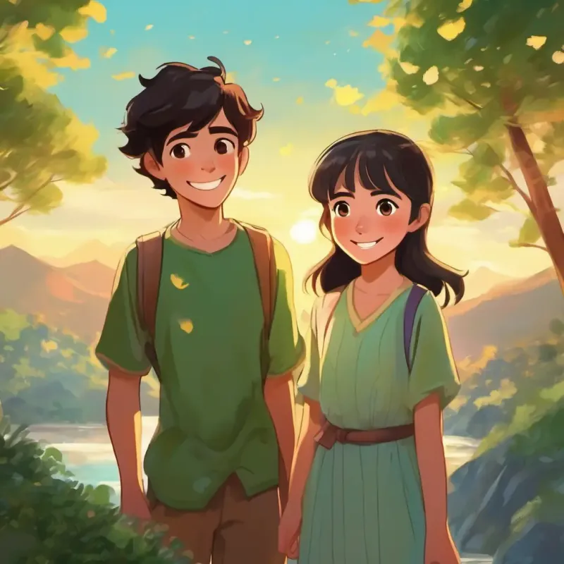 Young boy, short black hair, brown eyes, bright smile and New girl, long brown hair, green eyes, warm smile waving at each other, first interaction.
