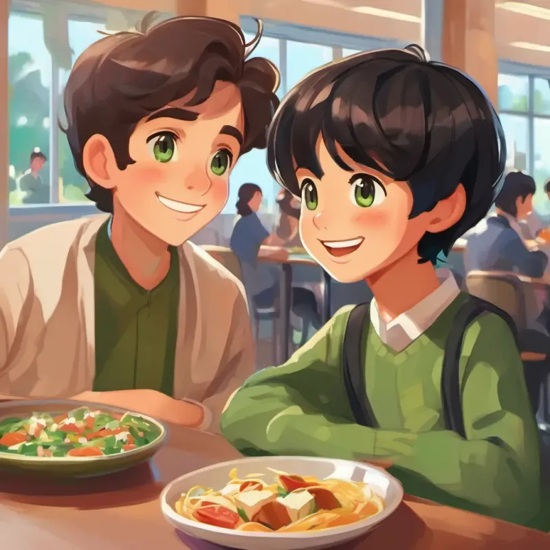 Young boy, short black hair, brown eyes, bright smile approaching New girl, long brown hair, green eyes, warm smile at lunch, school cafeteria.