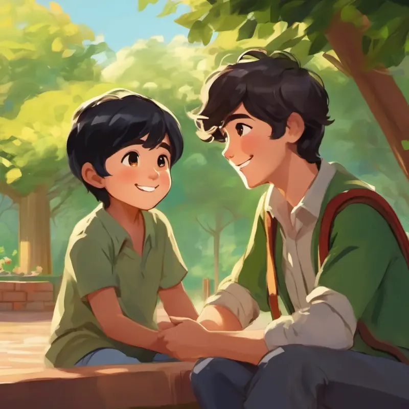 Young boy, short black hair, brown eyes, bright smile asking to sit, New girl, long brown hair, green eyes, warm smile responding happily.