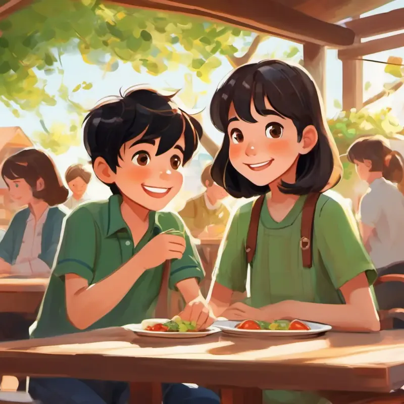 Young boy, short black hair, brown eyes, bright smile and New girl, long brown hair, green eyes, warm smile talking about hobbies, lunchtime bonding.