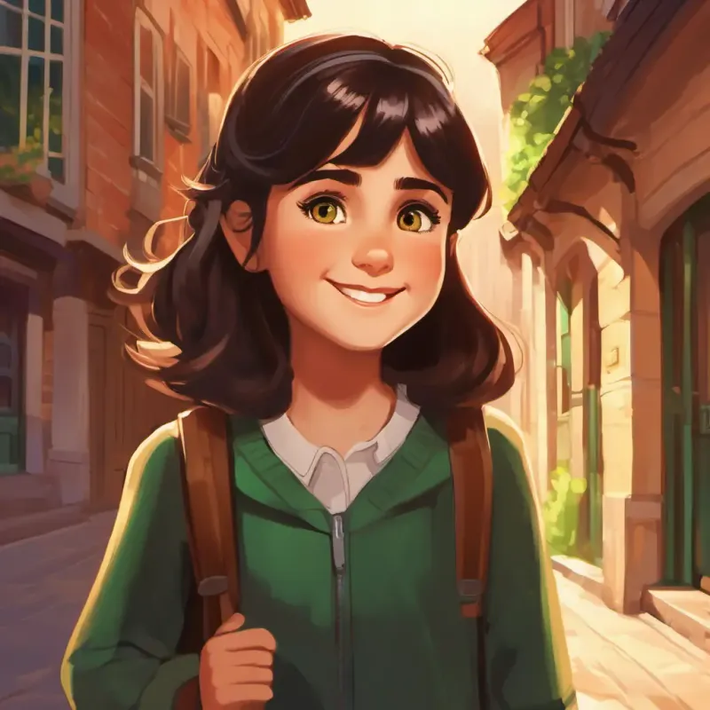 New girl, long brown hair, green eyes, warm smile thanking Young boy, short black hair, brown eyes, bright smile, school's end of day.