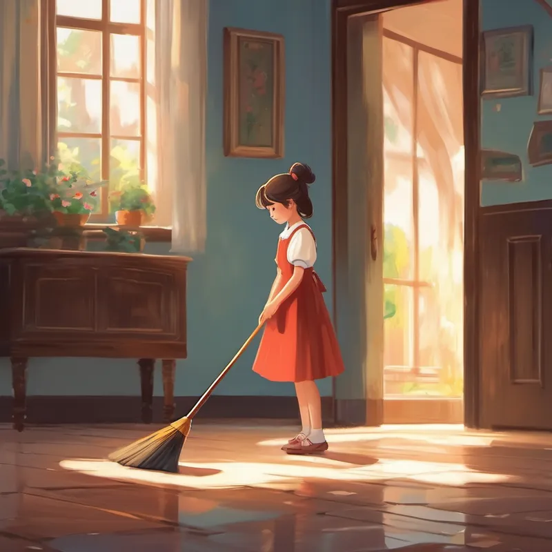 Kind-hearted girl with a simple, beautiful dress sweeping the floor with a sad face
