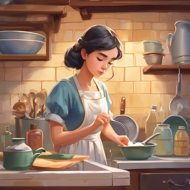 Kind-hearted girl with a simple, beautiful dress washing dishes with a tired expression