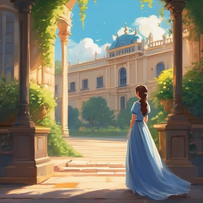 Kind-hearted girl with a simple, beautiful dress looking longing at the palace from afar