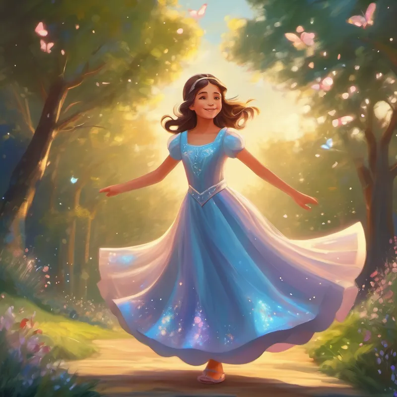 Kind-hearted girl with a simple, beautiful dress twirling in her magic dress and sparkly slippers