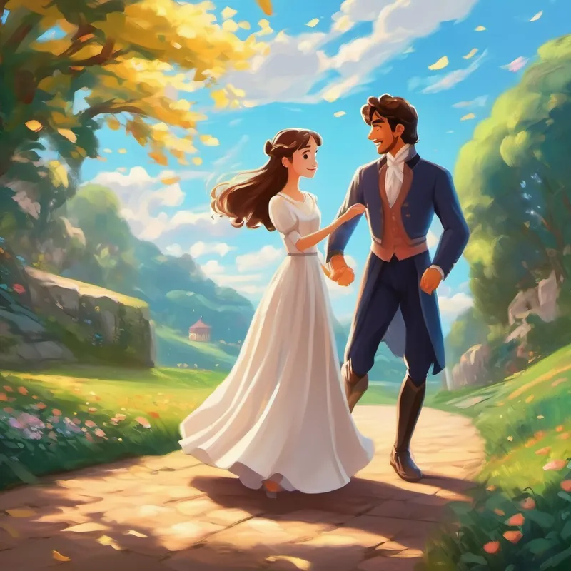 Kind-hearted girl with a simple, beautiful dress dancing gracefully with the prince