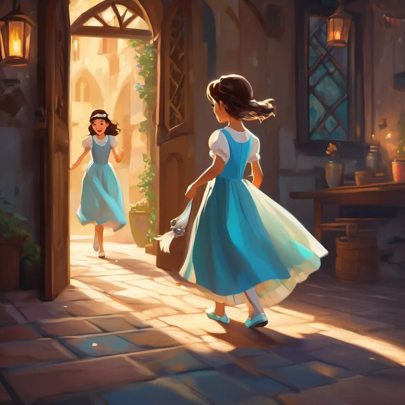 Kind-hearted girl with a simple, beautiful dress running away with one glass slipper left behind