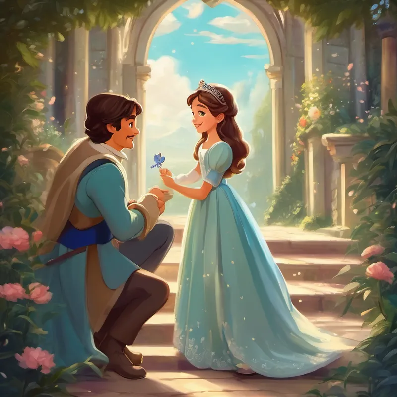 Kind-hearted girl with a simple, beautiful dress and the prince happily reunited, wearing the glass slipper
