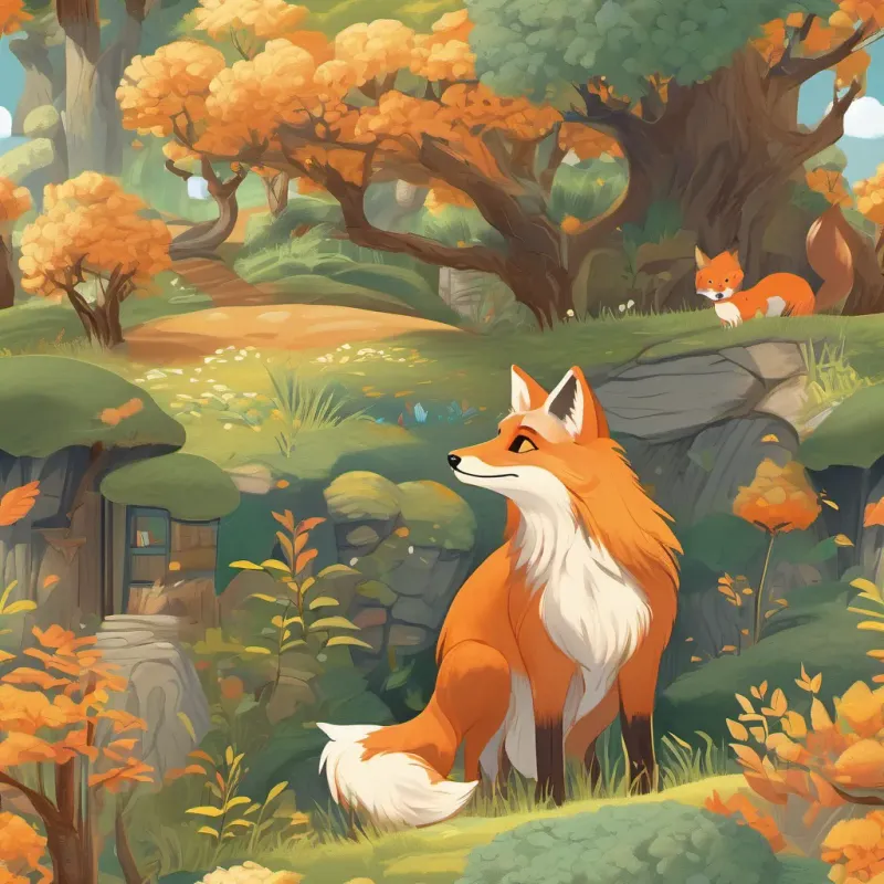 A sunny hill with a forest, a curious fox named A curious and playful fox with bright orange fur and a friendly demeanor and a wise owl named A wise and knowledgeable owl with large, thoughtful eyes and a penchant for books
