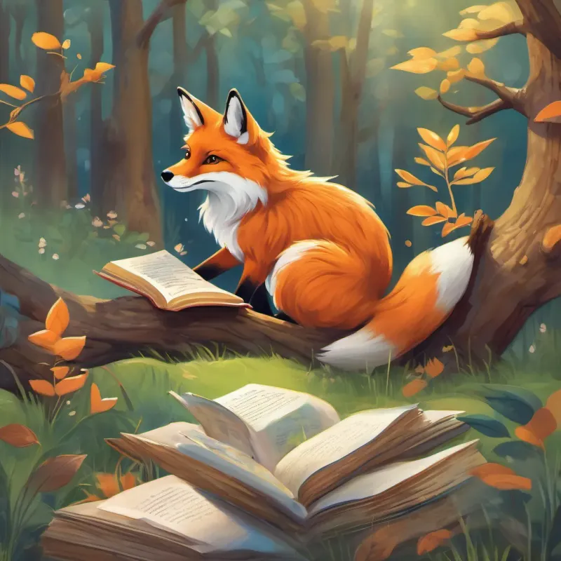 A curious and playful fox with bright orange fur and a friendly demeanor the fox playing and chasing his tail, A wise and knowledgeable owl with large, thoughtful eyes and a penchant for books the owl perched on a tree reading a book