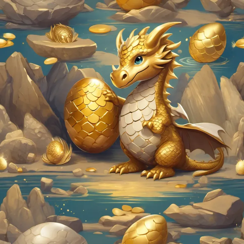 The characters learning and growing together, A small, adorable dragon with golden scales and tiny wings, just hatched from a golden egg included, indicating strong friendships and life lessons