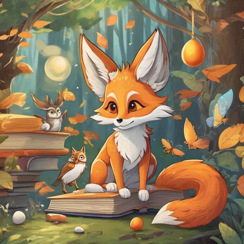 A curious and playful fox with bright orange fur and a friendly demeanor, A wise and knowledgeable owl with large, thoughtful eyes and a penchant for books, and A small, adorable dragon with golden scales and tiny wings, just hatched from a golden egg in a peaceful and happy moment in the whimsical forest
