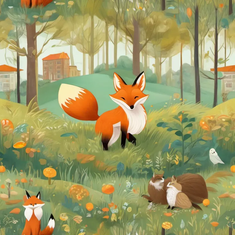 A curious and playful fox with bright orange fur and a friendly demeanor the fox excitedly pointing to a golden egg in the grass, A wise and knowledgeable owl with large, thoughtful eyes and a penchant for books the owl flying down to investigate