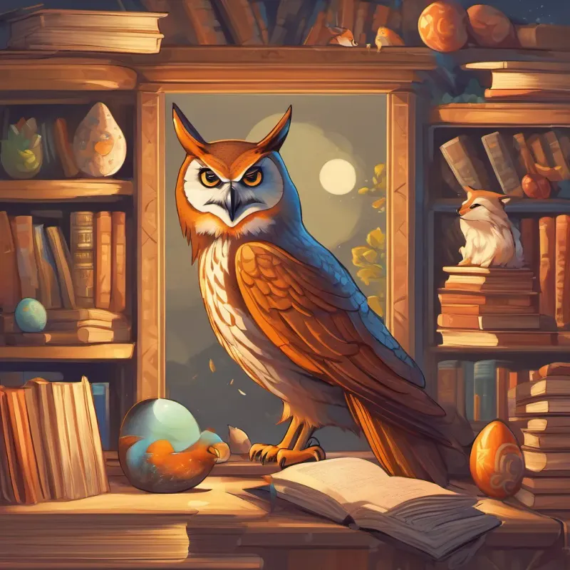 A wise and knowledgeable owl with large, thoughtful eyes and a penchant for books the owl fluttering down near the golden egg, speaking wisely with A curious and playful fox with bright orange fur and a friendly demeanor the fox