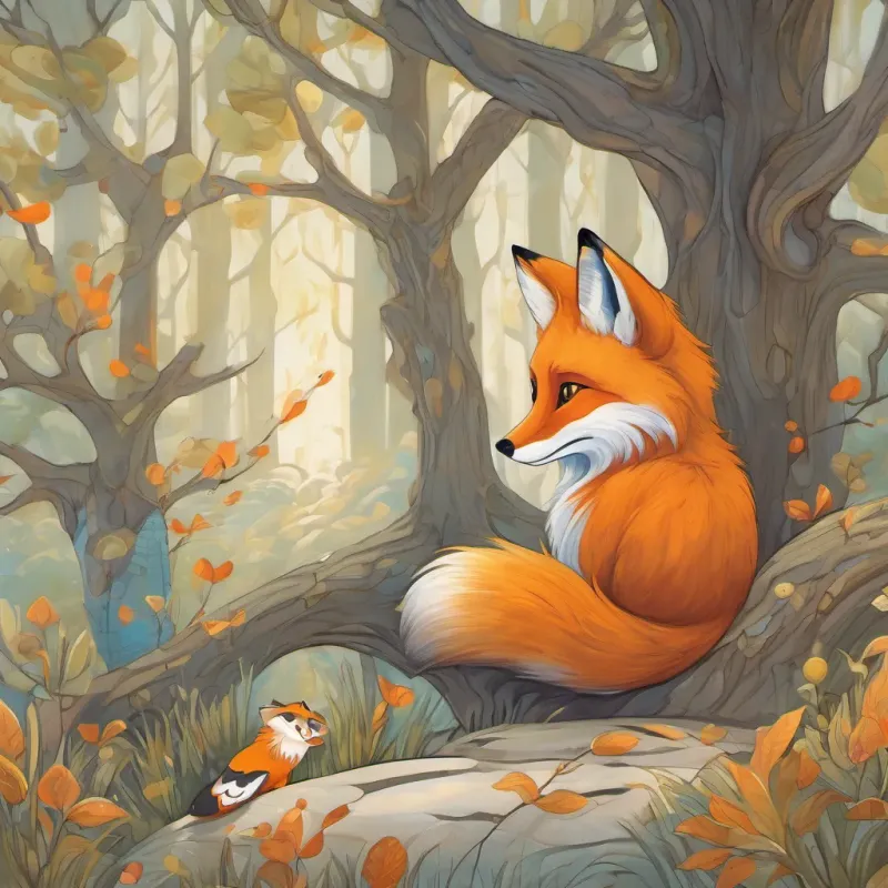 A curious and playful fox with bright orange fur and a friendly demeanor and A wise and knowledgeable owl with large, thoughtful eyes and a penchant for books at the base of a wise, long-bearded tree, showing him the golden egg