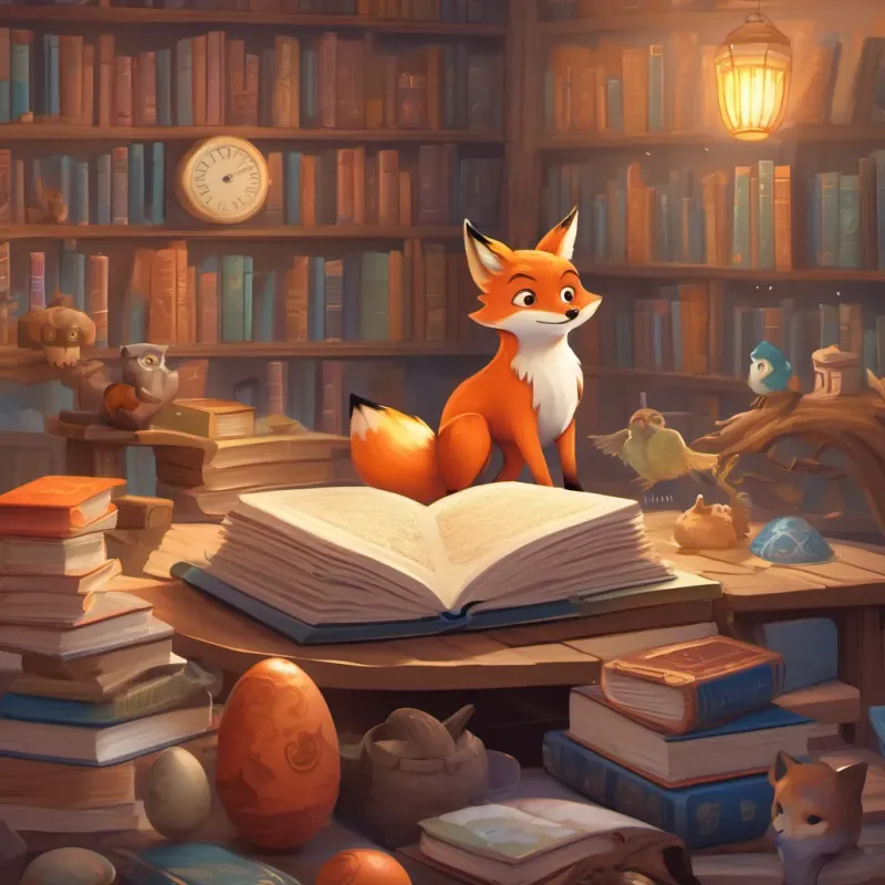 A curious and playful fox with bright orange fur and a friendly demeanor and A wise and knowledgeable owl with large, thoughtful eyes and a penchant for books watching the egg crack open at dawn, a small dragon emerging