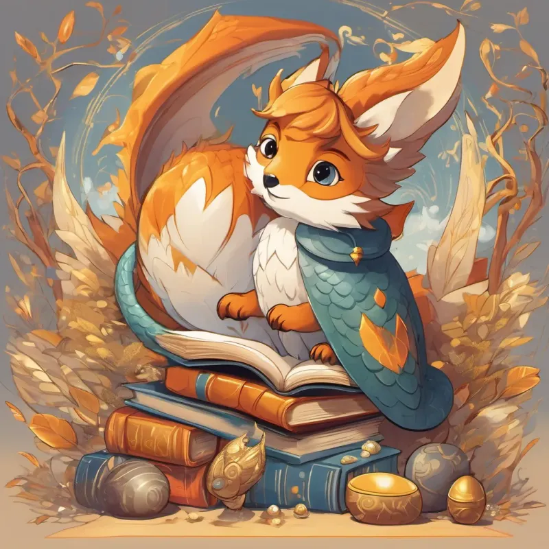 A small dragon, A small, adorable dragon with golden scales and tiny wings, just hatched from a golden egg, being embraced by A curious and playful fox with bright orange fur and a friendly demeanor and A wise and knowledgeable owl with large, thoughtful eyes and a penchant for books, all enjoying the moment