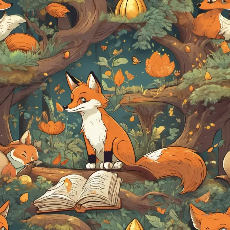 A curious and playful fox with bright orange fur and a friendly demeanor, A wise and knowledgeable owl with large, thoughtful eyes and a penchant for books, and A small, adorable dragon with golden scales and tiny wings, just hatched from a golden egg playing games and having adventures together in the forest