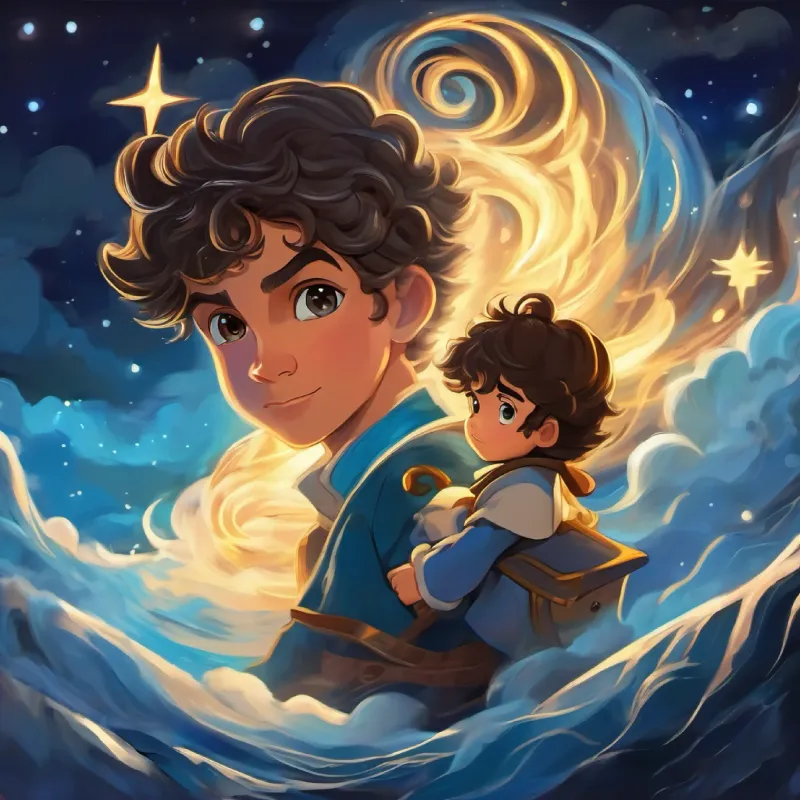 Young prince, kind eyes, scrolls with curls, adventurous spirit's birth, stormy night, a star falls, lightning flashes.