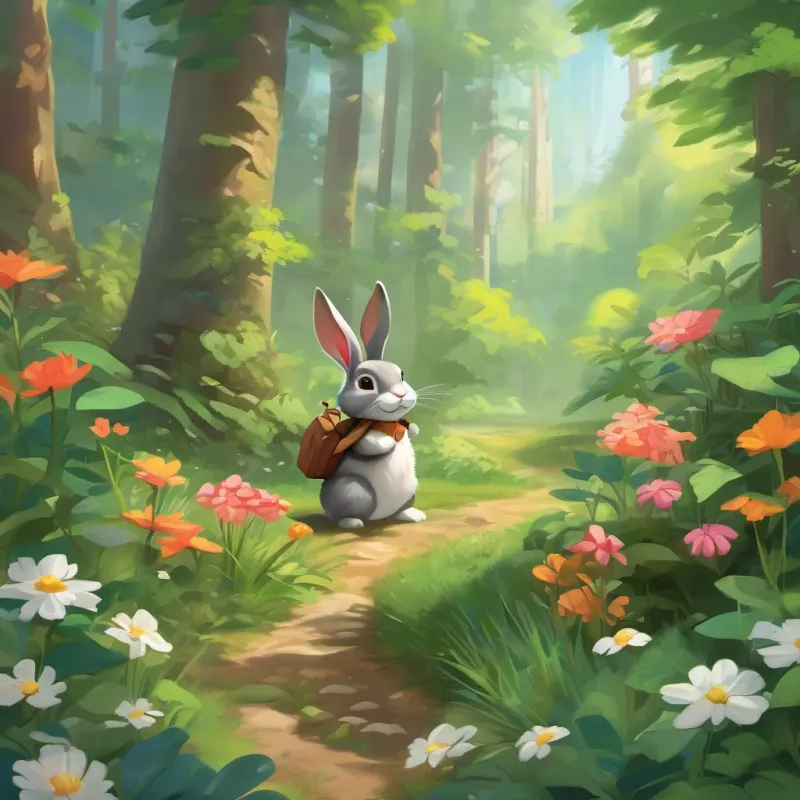 A lively forest scene with a fast-moving rabbit named A speedy rabbit with a confident look, always on the go and a slow-moving turtle named A slow but steady turtle, always calm and smiling, bright flowers and lush greenery all around.