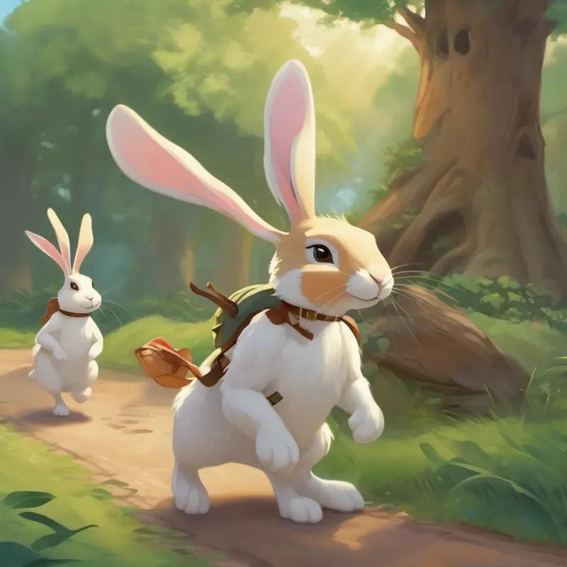 A speedy rabbit with a confident look, always on the go the rabbit looking confident and boastful, while A slow but steady turtle, always calm and smiling the turtle looks calmly determined, with a big oak tree in the background.