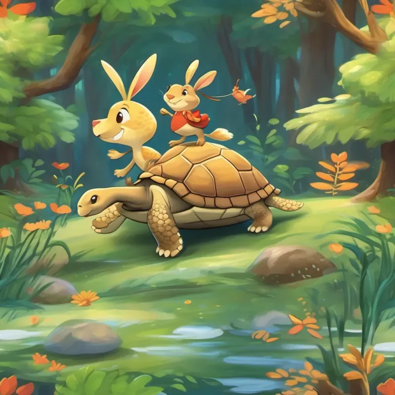 A slow but steady turtle, always calm and smiling and A speedy rabbit with a confident look, always on the go smiling at each other, surrounded by cheering woodland creatures.