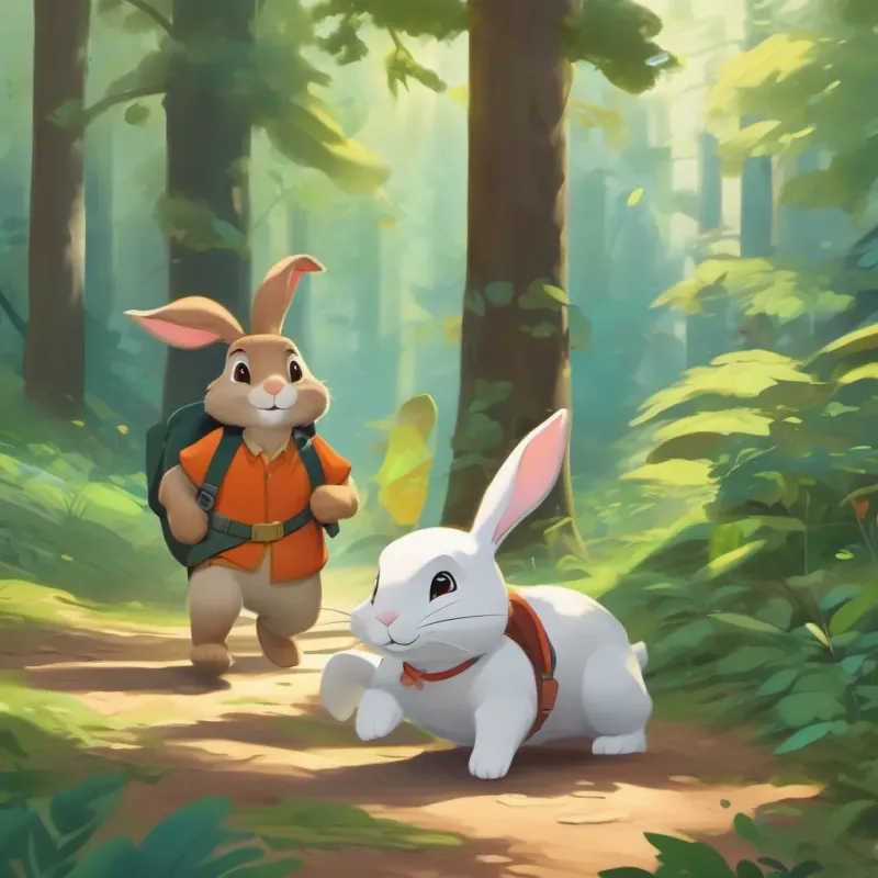 A speedy rabbit with a confident look, always on the go and A slow but steady turtle, always calm and smiling walking together through the forest, happy and surrounded by their friends.