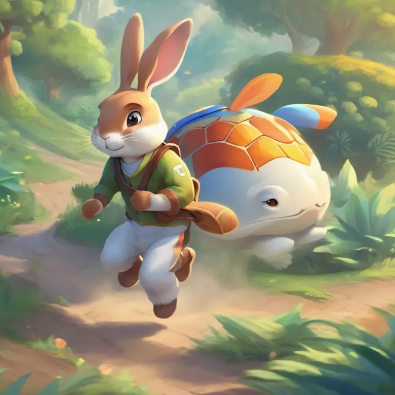 A speedy rabbit with a confident look, always on the go speeding through zigzag paths with dust clouds, while A slow but steady turtle, always calm and smiling walks slowly with a smile, calmly humming.