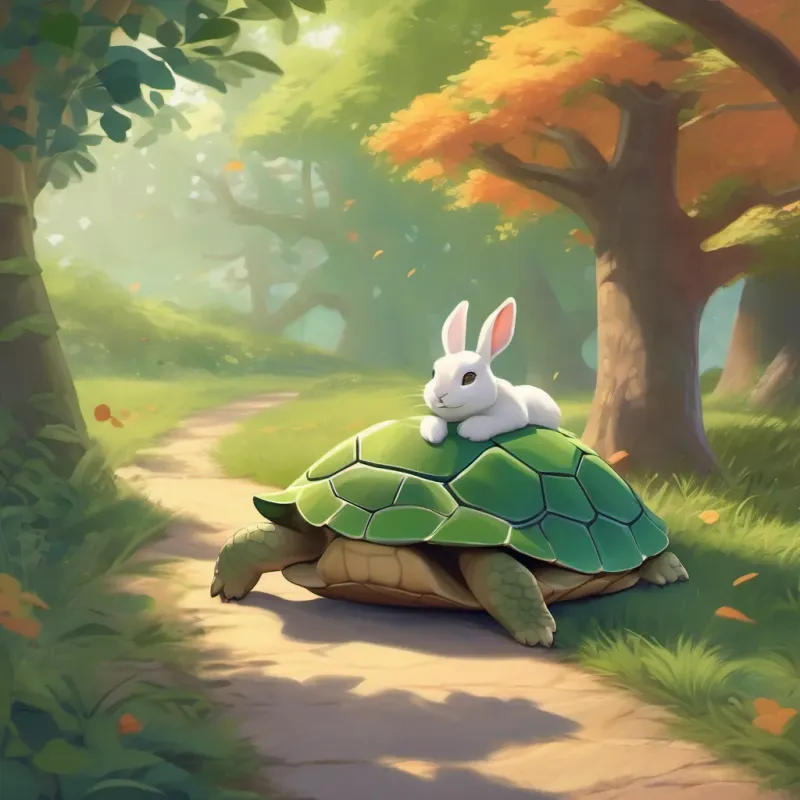 A speedy rabbit with a confident look, always on the go napping under a shady tree with a smug look, while A slow but steady turtle, always calm and smiling slowly but steadily moves along the path.