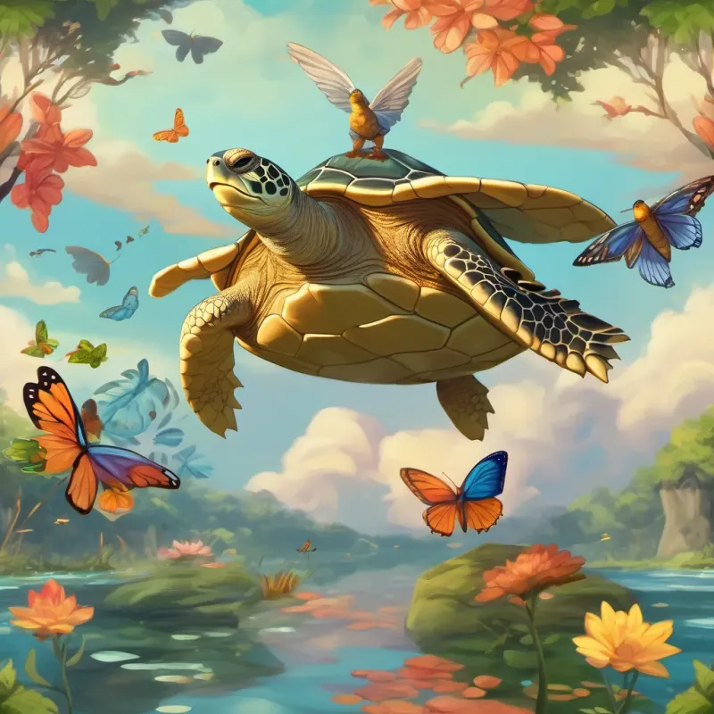 A slow but steady turtle, always calm and smiling moving forward with birds cheering him on and butterflies flying happily around.
