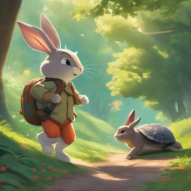 A speedy rabbit with a confident look, always on the go waking up in shock under the tree while A slow but steady turtle, always calm and smiling gets closer to the finish line smiling.
