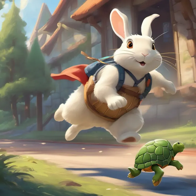 A speedy rabbit with a confident look, always on the go in mid-hop looking surprised and worried, while A slow but steady turtle, always calm and smiling is just about to cross the finish line.