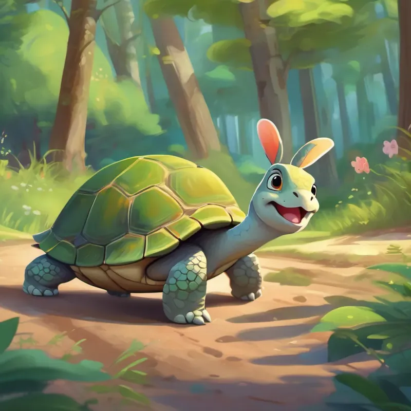 A slow but steady turtle, always calm and smiling crossing the finish line with woodland animals cheering, A speedy rabbit with a confident look, always on the go panting and looking tired behind him.
