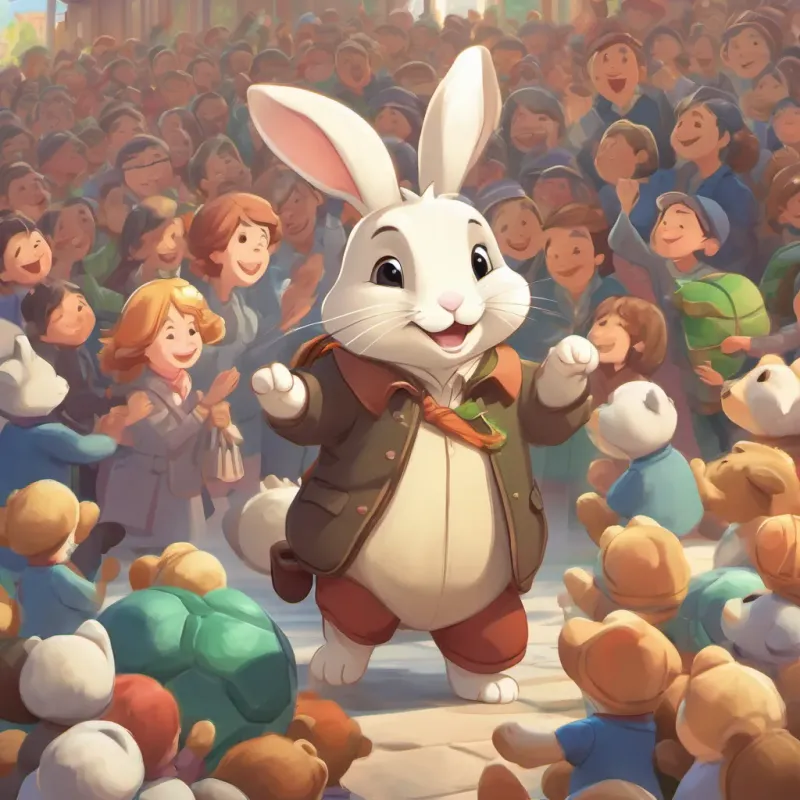 A speedy rabbit with a confident look, always on the go congratulating A slow but steady turtle, always calm and smiling with a pat, A slow but steady turtle, always calm and smiling smiling happily with the crowd applauding.