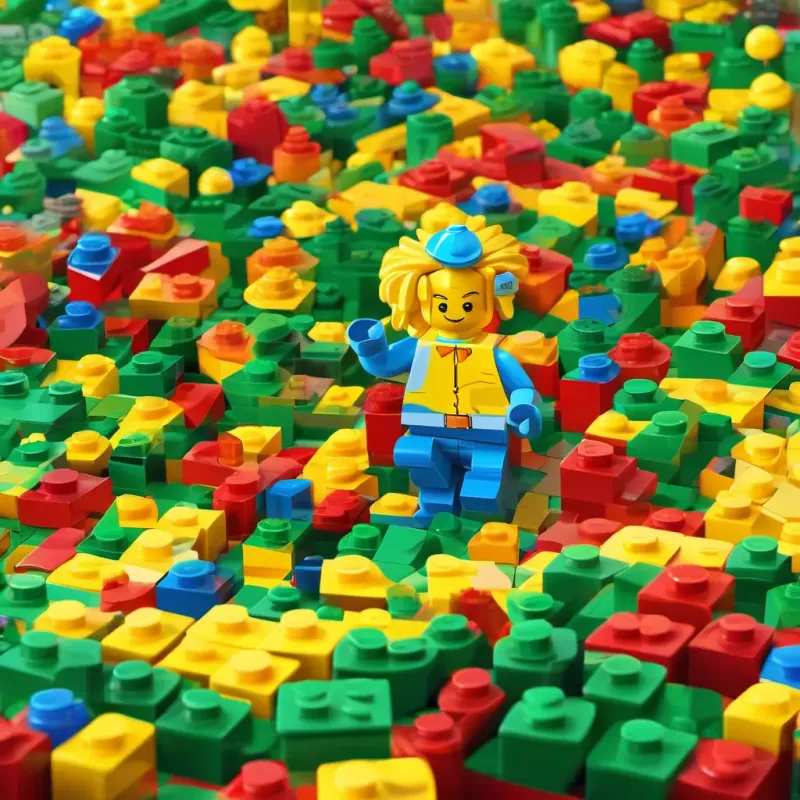 Little Lego man with a smile and yellow hair, a small Lego man with a smiling face and yellow hair, standing in a colorful Lego world.