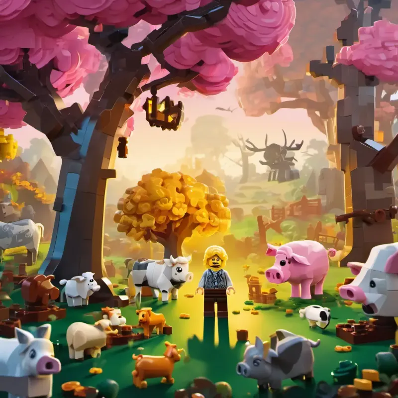 Little Lego man with a smile and yellow hair looking at a big tree with pink pigs and brown cows around, while a spooky zombie and a skeleton lurked in the background.
