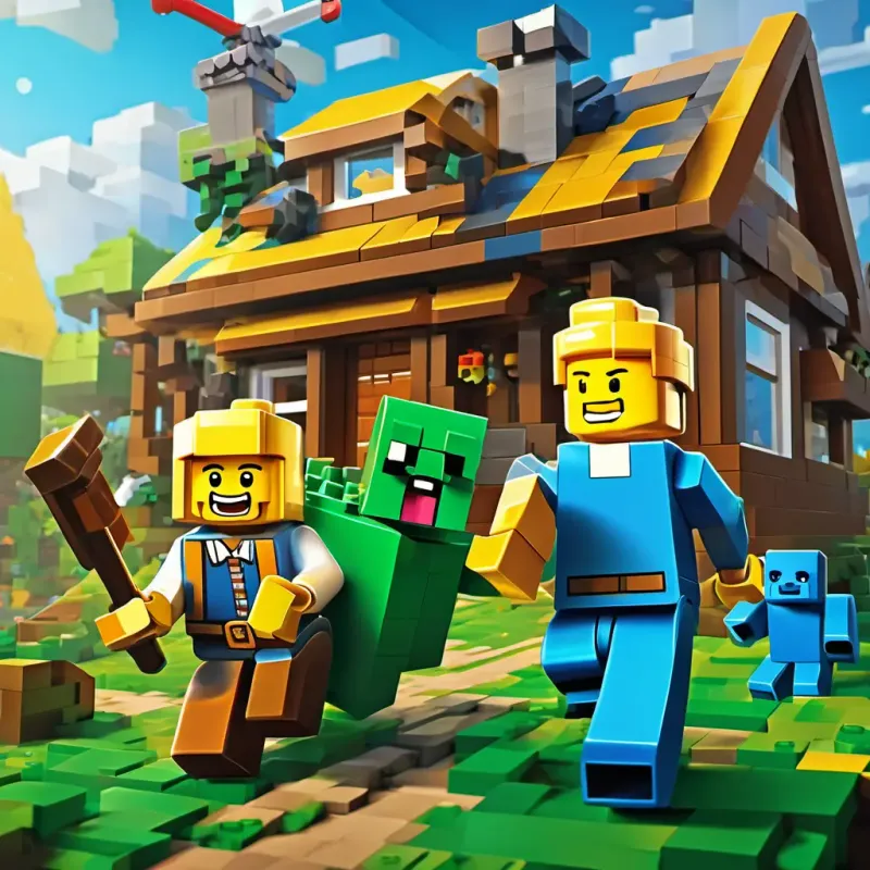 Little Lego man with a smile and yellow hair, a Lego man, and Minecraft character with blue pants, a Minecraft character with blue pants, building a house with diamond tools while defeating angry green monsters.