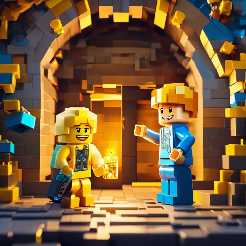 Little Lego man with a smile and yellow hair and Minecraft character with blue pants standing in front of a glowing portal, with a happy Little Lego man with a smile and yellow hair waving goodbye to Minecraft.