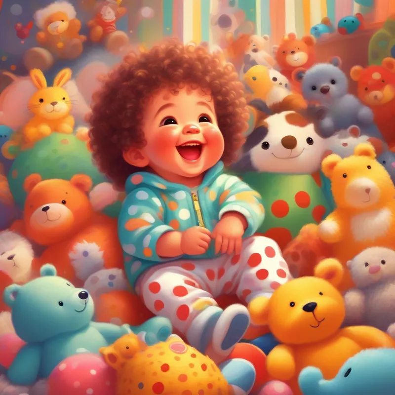 Baby Curly-haired baby with rosy cheeks, wearing a polka-dot onesie giggling, surrounded by vibrant toys and stuffed animals