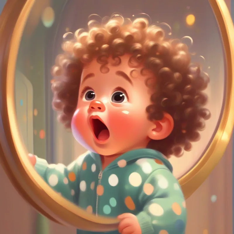 Baby Curly-haired baby with rosy cheeks, wearing a polka-dot onesie looking at the mirror, surprised expression on his face